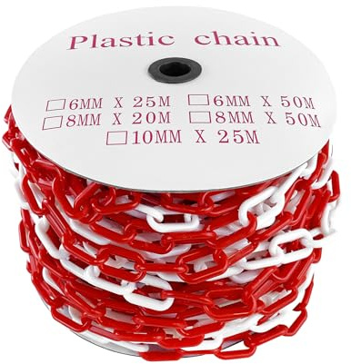 TRMLBE 25m Kunststoffkette Absperrkette Rot Weiß 6mm Stärke Kunststoff Warnkette Baustellensicherungskette Gliederkette Absperrpfosten zum Absperren