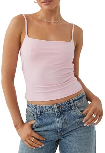 Camisole à col carré sans manches avec bretelles spaghetti pour femme - Haut court basique Y2k sexy - Débardeur d'été pour sortir, rose, M