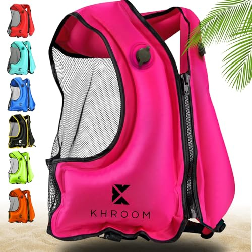 Khroom Aiuto al galleggiamento gonfiabile secondo l'ultima norma UE | per Adulti 150–210 cm, fino a 100 kg | Gilet da snorkeling gonfiabile | Giubbotto gonfiabile per Snorkel, Kayak, SUP (V2 rosa)