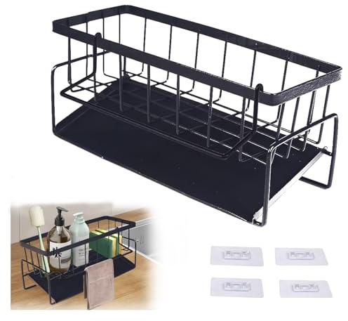 GOTFUN Spülbecken Organizer mit Abtropfschale, Küchen Organizer Spüle, Kein Bohren Edelstahl Schwammhalter Küche, Spültuchhalter Hängend für Lappen Bürsten Schwamm und Seife (Schwarz)