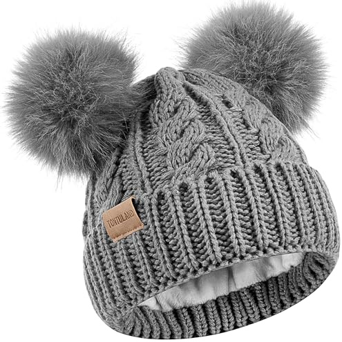 Kids Winter Beanie Children’s Warm Knitted Fleece Lined Ski Pom-Pom Warm Knit Hat for Boys & Girls 3-9 Years Grey