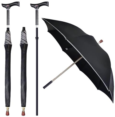 Wzmazingly Trennbar Gehstock Regenschirm, Höhenverstellbar 2-in-1 Spazierstockschirm, Windschutzrippen, Vielseitig Reisen Stützschirm, Tragfähigkeit 80kg(Black)