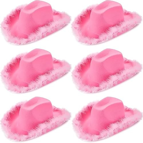 LYCN Confezione da 6 cappelli da cowboy con piuma, cappello da cowgirl occidentale con coulisse regolabile, cappello da cowboy a tesa larga e soffice, set da donna per celebrare feste cosplay (rosa)