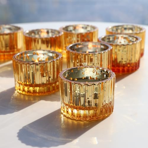 Vohocandle Gold Teelichthalter Glas – 12er Set für Hochzeiten, Teelichtgläser kleine für Windlichter Tischdeko, Teelichtglas für Weihnachten, Geburtstagsfeier, Urlaub, Party (5 × 3,5 cm, Gold)