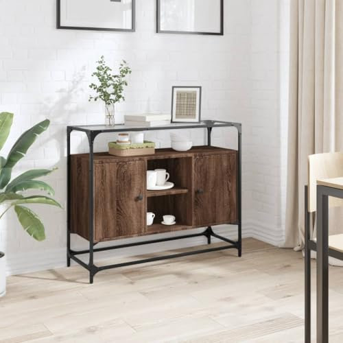LAPOOH Sideboard mit Glasplatte Braun Eiche 98x35x81 cm Holzwerkstoff, Kommode Schlafzimmer, Kommoden & Sideboards, Wohnzimmerschrank, Flur Kommode, Zimmer Möbel - 846073
