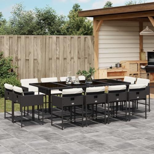 Somanki 13-TLG. Garten-Essgruppe mit Kissen Schwarz Poly Rattan, Esstisch Mit Stühlen Set, Gartenmöbel Sitzgruppe, Balkon Möbel, Gartenlounge Set, Terrassenmöbel, Balkonmöbel Set - 3278165