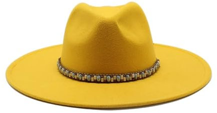 Fedora-Hut, 9,5 cm großer Jazzhut mit großer Krempe, Zylinder mit großer Krempe, Freizeit-Filzhut(Gelb)