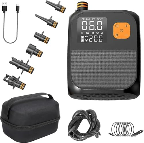 Pompa ad aria elettrica ricaricabile 20 PSI con 1 porta USB, luci LED e 6 ugelli gonfiabili in due fasi, pompa ad aria wireless per kitesurf, tenda, materasso