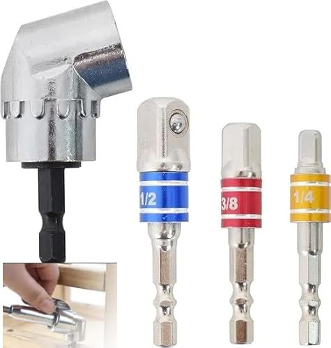 105° Winkelschrauber Vorsatz Adapter,Winkelaufsatz für Akkuschrauber Adapter,Winkelaufsatz für Akkuschrauber, Bohrer Sechskantschaft, mit 3 tlg Stecknussadapter für Bithalter (1/4,3/8,1/2 Zoll)