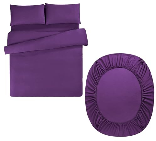 Aisbo Double Duvet Set with Sheet - Purple 4 Pieces Microfiber Bedding Set for Double Bed, Includes Duvet Cover, Fitted Sheet and Pillowcases