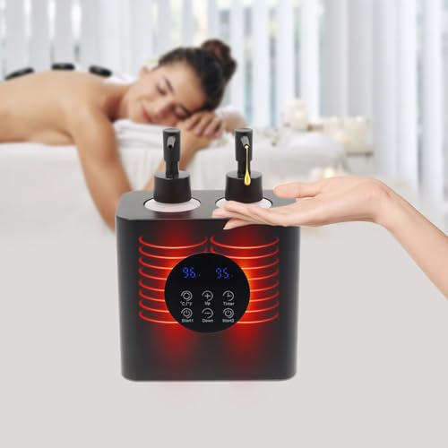 Massageolja värmare, massageolja värmare med 4 x flaskor med eterisk olja, massageolja uppvärmning för massageolja och eteriska oljor, elektrisk lotion digital uppvärmning för SPA, salong, hem (svart)