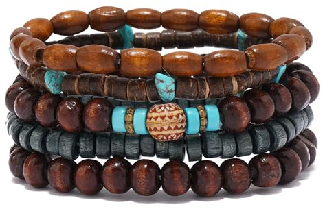 EGOINA Elastiskt naturligt trä pärlarmband set för män och kvinnor, handgjorda stretch träarmband, boho retro stil smycken, En storlek, Trä, Ingen ädelsten