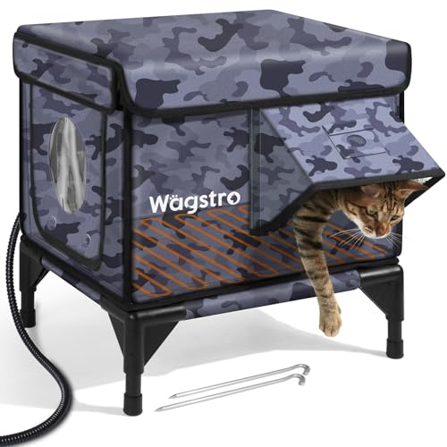 Heated Cat House for Outside, Insulated Weatherproof Heated Outdoor Cat House with Waterproof Eaves & Escape Door, Elevated Outdoor Cat Shelter for Feral Stray Cat (Black Camo, 16.5x12.6x16.9)