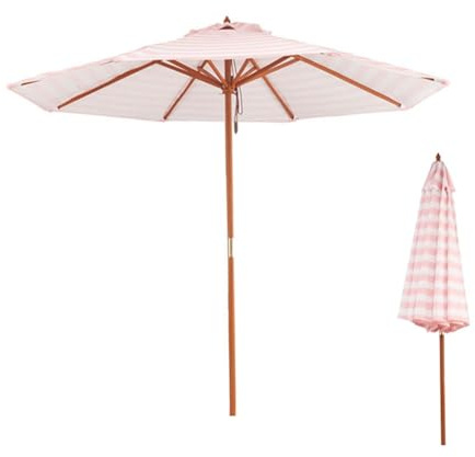HADECOLL Ombrellone da Giardino A Righe Rosa E Bianche da 2,7 M/9 Piedi, in Legno, per Esterni, Resistente Ai Raggi UV, con Carrucola, per Piscina, Terrazza, Bar, 270 Cm/9 Piedi