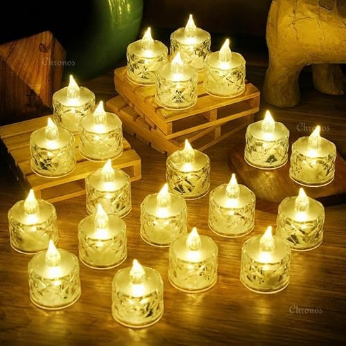 Treeratan - Confezione da 20 lumini senza fiamma, a batteria, candele a LED in cristallo, candele votive, elettriche, per San Valentino, matrimonio, Diwali, decorazioni natalizie