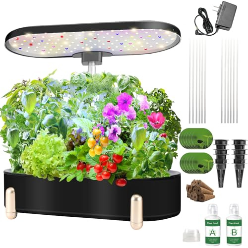 Hydroponics Growing System Indoor Garden 12 Pods Plant Germination Kit Aeroponic Herb Vegetable Growth Lamp Countertop with LED Grow Light (Black)
