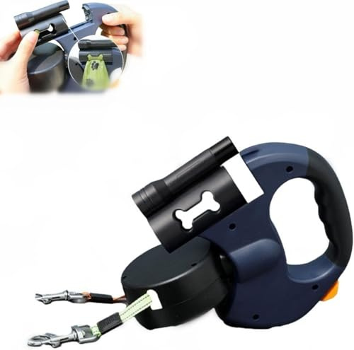 Extensible à 360° - sans enchevêtrement - avec lumière LED - Poignée légère pour Promener - Bouton de Verrouillage et de Verrouillage - Laisse Double rétractable pour 2 Petits Chiens - 10 m - Bleu