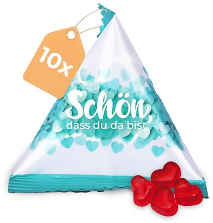 Fruchtgummi Herzen 10er Pack Süßigkeiten Schön dass du da bist 10x15g | leckere Herzgummibärchen-Tetraeder, mit 10% Fruchtsaft, perfektes Dankeschön, Give-away, Gastgeschenk oder Mitgebsel
