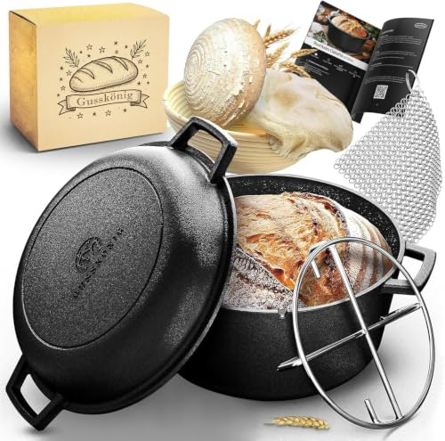 GUSSKÖNIG 2in1 Gusseisen Brotbackform mit Gärkörbchen–Eingebrannter Gusseisen Topf Brot Backen 4,8L & Grillpfanne 1,8L–Brotbackform, Brotbacktopf, Brottopf, Brotbackform mit Deckel - 30 Jahre Garantie