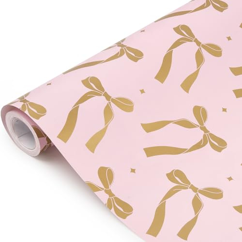 Rouleau de papier cadeau pour Noël : Papier cadeau rose à motif de nœuds ruban pour Noël, la Saint-Valentin, un anniversaire ou un mariage - 43 cm x 10 m