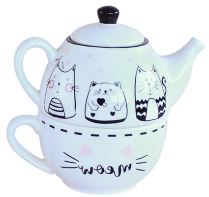 IMIKEYA Tè in ceramica con teiera e tazza decorativa design romantico di gatto bianco e nero kit pratico e durevole per godere di infusi casa o ufficio