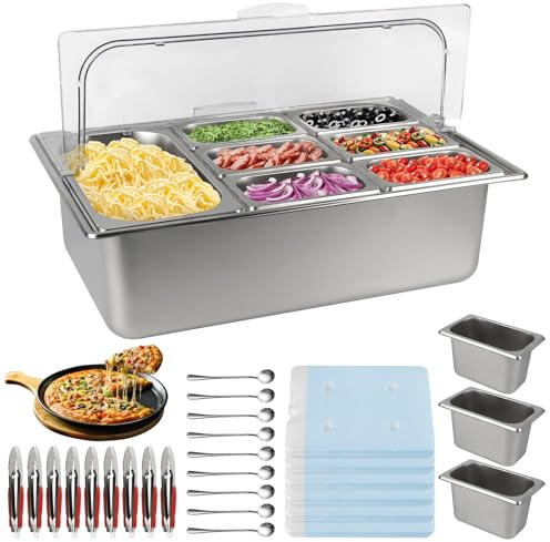TOROKOM 10 ollas de acero inoxidable Contenedores de ingredientes Organizador de condimentos Acero Inoxidable Ensalada Bar Buffet Estación de Buffet con cucharas Cajas de Refrigeración Buffet