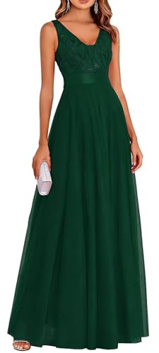 Infuness Abendkleider Elegant Für Hochzeit V-Ausschnitt Pailletten Tüll Ballkleid Damen Lang Ärmellos Cocktailkleider Partykleid
