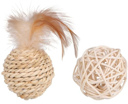 Mikikit Lot de 2 Boules en Rotin Tressées pour Chat, Jouet Interactif | Grelot Intégré, Anti-Stress pour Chatons et Chats d'Intérieur, Jeu de Poursuite, Accessoires pour Animaux
