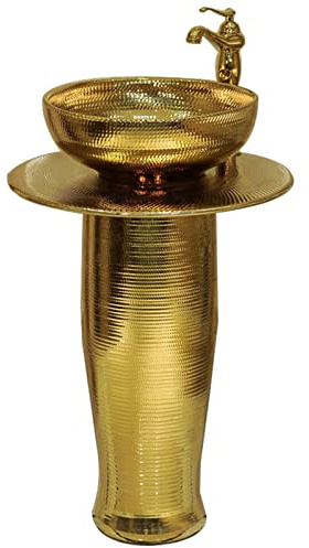LQAIomn Pedestal Sink Modern Ceramic Pedestal Washbasin 16X16 Gold Art Pedestal Basin One-Piece Pedestal Combo Sink with Faucet and Drain,Without Mirror (Without Mirror)
