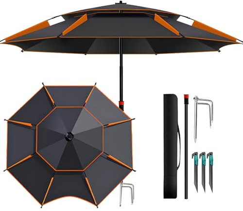 Beach Umbrella 5.9/6.6/7.2/7.9/8.5FT Windproof Patio Umbrellas Sun Protection Tilting Garden Parasol, 360° Adjustable Lightweight Parasols for Garden Sand Lawn, with Carry Bag(Black Orange,8.5FT)