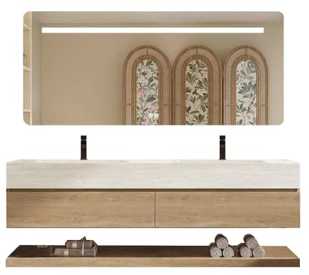 Generisch Wandhängendes Doppelwaschbecken-Set, Travertine Look, mit Spiegel, Unterschrank, Sinterstein, mit Armaturenloch【RW4822】 (130 * 55cm)