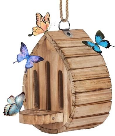 Butterfly House for Outside Teardrop-Shaped Wooden Butterfly Habitat & Feeder with Rope for Garden Decor (1PCS)