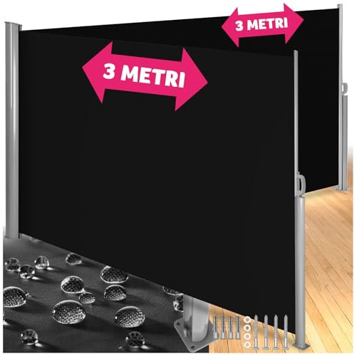 tectake® Tenda Frangivento Doppia Estensibile, Cassettone in Alluminio, Frangivista con Meccanismo Automatico, Protezione Solare e Privacy, Ideale per Balconi e Terrazzi, 200x600 cm - Nero