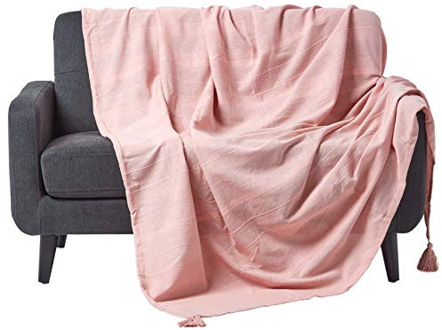 Homescapes Wohndecke Rajput rosa – leichte Baumwolldecke 225x255 cm, Tagesdecke aus 100% Baumwolle, Sofaüberwurf handgewebt mit Streifenstruktur, Couch-Überwurf mit Quasten, Oeko-Tex