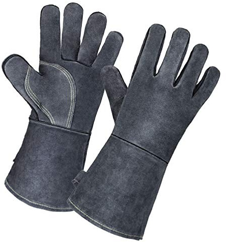 OZERO 932℉ Leather Forge Welding Gloves 14-inch Heat Resistant Grill BBQ Glove with Flame Retardant Long Sleeve and Insulated Lining for Men and Women Gray