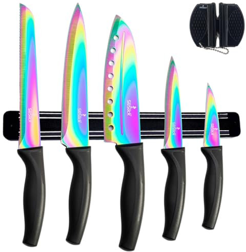 SiliSlick Kitchen Knife Set, Titanium Coated Stainless Steel Colorful Blades, Chef, Bread, Santoku Utility & Paring Knives, Magnetic Mounting Rack & Portable Sharpener