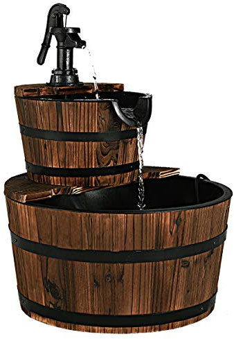 COSTWAY Fontaine en Cascade 2 Etages Puit Décoration de Jardin/Cour avec Pompe, Ecoulement d’Eau Ajustable en Bois de Sapin de Style Rustique Capacité: 19 L, Circuit Fermé Résistant aux Intempéries