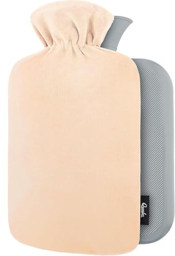 Qomfor Varmvattenflaska med skydd UK – 1,8 L stor mjuk vattenflaska med fleeceskydd – fluffig för smärtlindring, ryggsmärta, vuxna och barn – bra present till kvinnor (champagne)