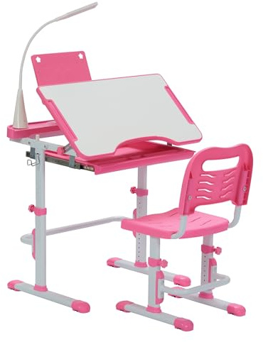 SMAGREHO Kids Desk and Chair Set, Height Adjustable Child's School Study Writing Tables with Tilt Desktop, LED Light, Storage Drawer, Book Stand (Pink)
