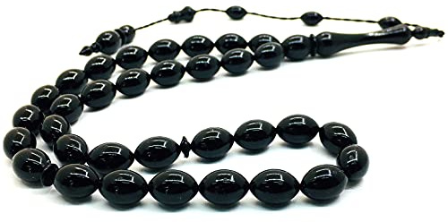 Perlin Gebetskette Tesbih Tasbih Tespih Misbaha Subha 33, 37cm, Muslimisches Islamic Rosenkranz Prayer Anbetungszubehör Ottoman Stil Schwarz Onyx Effekt Perlen Oval 12x8 mm