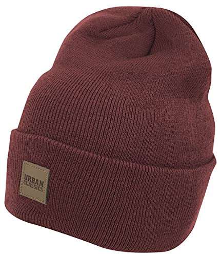 Urban Classics Unisex Synthetic Leatherpatch Long Beanie-Mütze, Burgundy, one Size