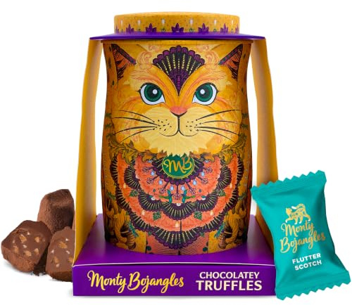 Monty Bojangles Savanna Gold Schokoladentrüffel (135g) mit Kakao bestäubt Pralinen Gerschenk in individueller Sammlerdose mit Katzen-Design, Geschmack Flutter Scotch