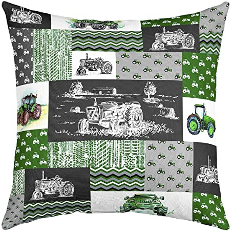 Homewish Traktoren Kissenbezug 40 x 40 cm Ausrüstungs LKWS Kissenbezug für Zuhause im Freien Büro Auto Kissenbezug für Farmhouse Harvester Karierter Kissenbezug für Grüne Fahrzeuge