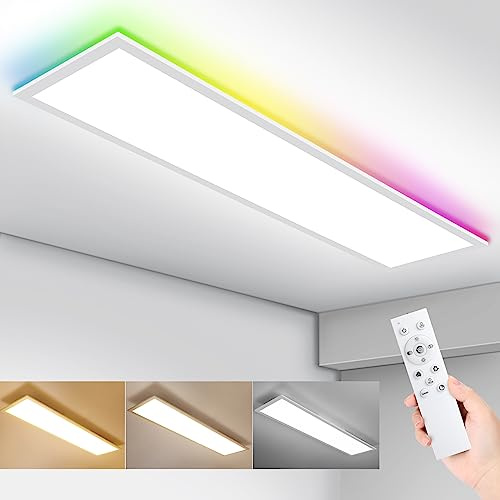 IEGLED LED Panel Deckenleuchte, 120x30cm Deckenlampe Flach Dimmbar RGB Backlight mit Fernbedienung, 40W Deckenpanel Lampe mit 4400lm, 3000K-6500K LED Panel für Wohnzimmer, Flur, Schlafzimmer, Weiß