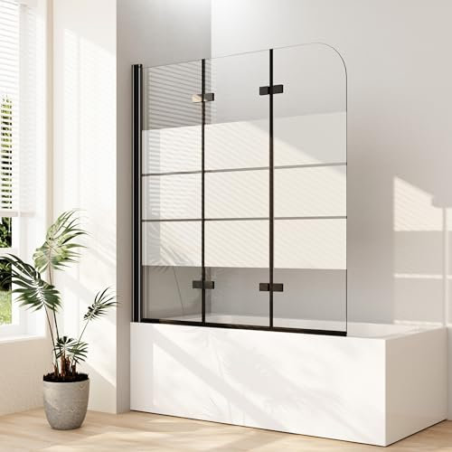 Duschwand für badewanne 130x140cm Milchglas Streifen 3-teilig Duschwand Schwarz für Badewanne, Glas Duschwand Badewannenaufsatz Duschtrennwand Duschabtrennung mit 6mm ESG Glas, Schwarz