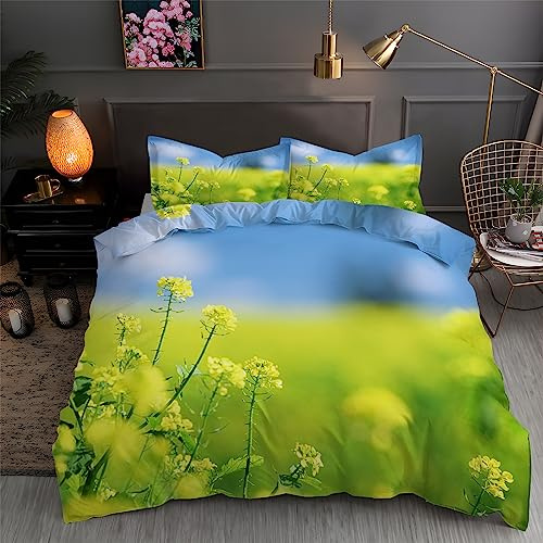 Housse de Couette 200x200 Jaune Parure de Lit 200x200 Colza 2 Personnes ImpriméEs Housses de Couettes Microfibre Douceur avec 2 Taies d'oreiller, avec Fermeture ZippéE