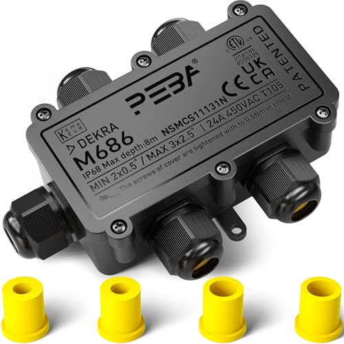 PEBA IP68 Waterproof Junction Box, 5-Way Outdoor Cable Connector, Wire Connectors, Extension Electrical Cable Protector for Cable Diameter 4mm-11mm Black (1 Pack)