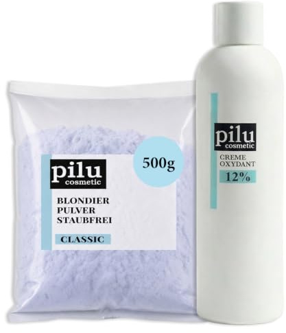 pilu cosmetic Blondierungspulver Set: 500g Blondierpulver im Beutel + 1000ml Creme Oxydant (12%) I Aufheller Blondierung mit Anti-Gelbstich I Wasserstoffperoxid Entwickler