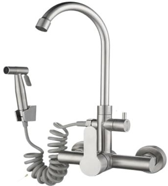 Rubinetto A Cascata Rubinetto Da Cucina In Acciaio Inossidabile 304, Miscelatore Per Lavabo Caldo E Freddo Per Montaggio A Parete Con Spruzzatore Per Bidet, Set Soffione Doccia Per Lavanderia Camper