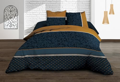 Le Linge de Jules Parure Drap Plat + Drap-Housse 140x190 + 2 T - Pur Coton 57 Fils - Alix, Bleu, Moutarde